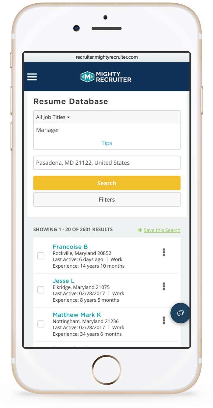 Search our resume database mobile