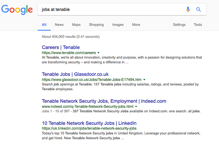 Google Search for Jobs at Tenable